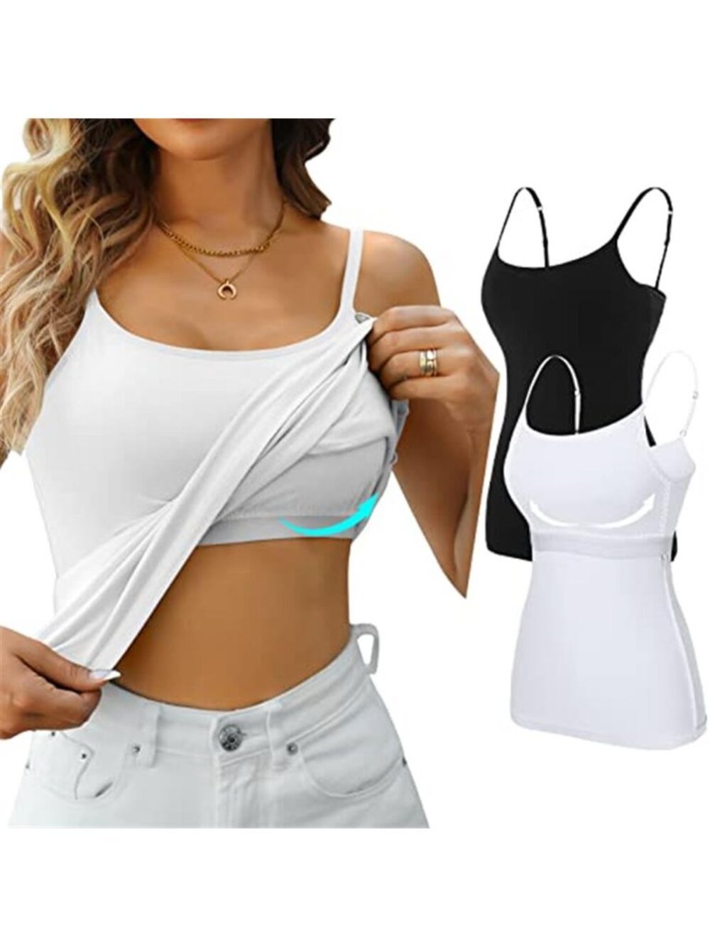 White Cotton Camisole Tank Top Shelf Bra Adjustable Strap Cami 2 Pack